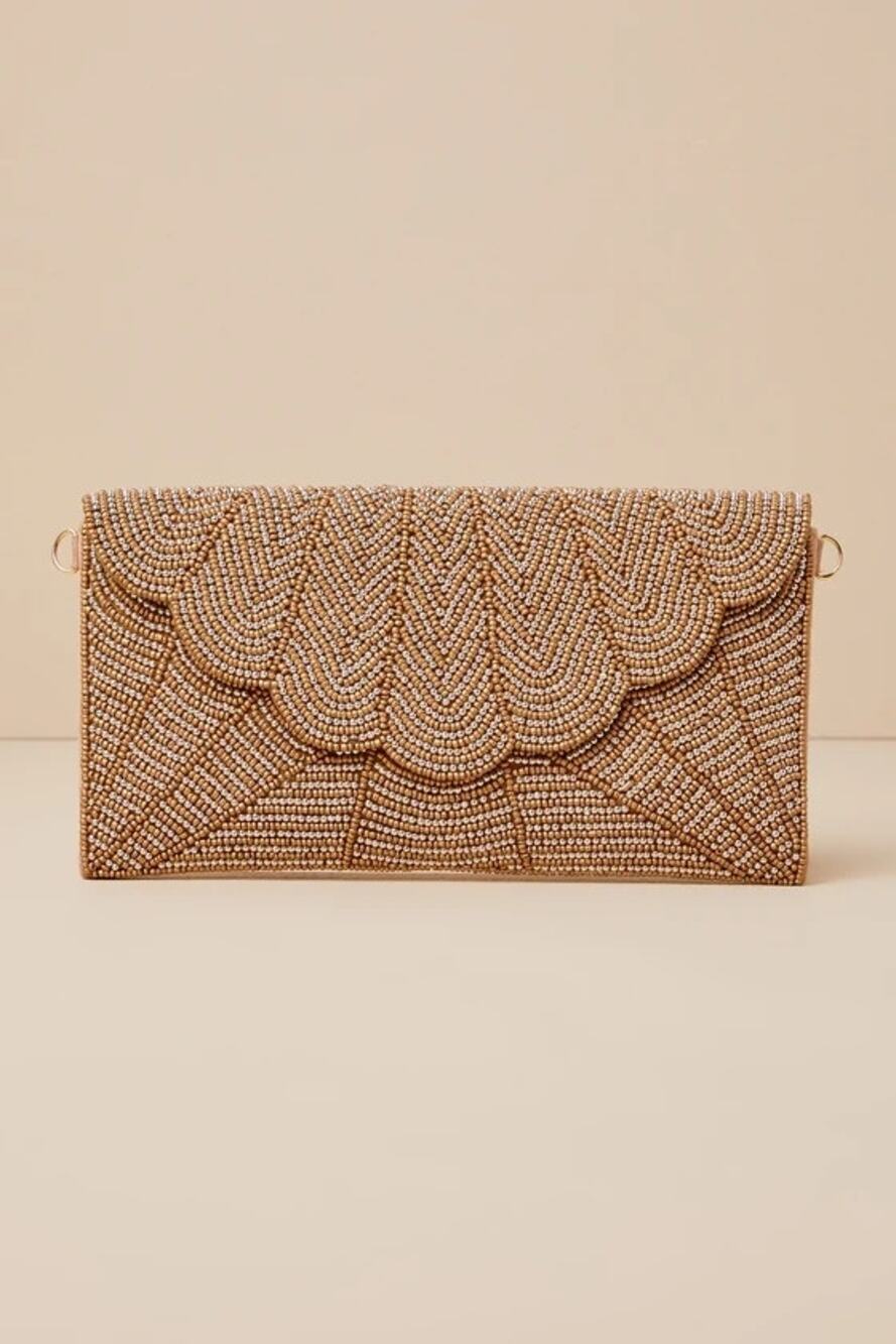 NEW Lulus Junipero Gold Beaded Clutch Bag